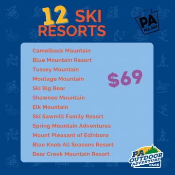 List of the 12 ski resorts in Pennsylvania that are included on the PA Outdoor Adventure Pass.