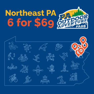 Map highlighting 6 compass markers in Northeast PA for the 6 PA Outdoor Adventure Pass partners in the state.
