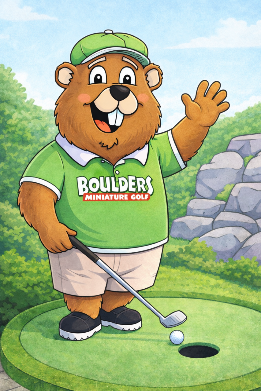 Cartoon beaver mascot in a green shirt waves from a mini-golf course, holding a putter near a hole.