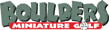 Logo for Boulder(s) Miniature Golf with large green letters spelling 'BOULDERS', a red banner reading 'MINIATURE GOLF', and a small black-and-white golf ball.