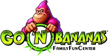 Go Bananas Family Fun Center logo with a pink cartoon gorilla holding a bright green ring around the text GO BANANAS.