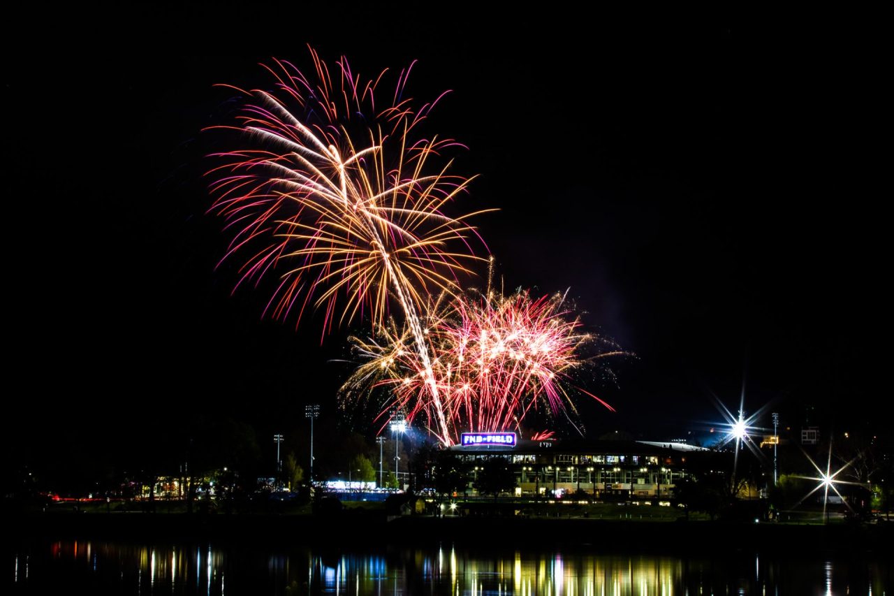 Fireworks explode over a stadium at night, with colorful bursts reflected on the water below.