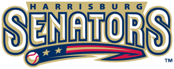 Harrisburg Senators baseball team logo with bold 'SENATORS' lettering in navy and gold and a curved red, navy, and star graphic underneath