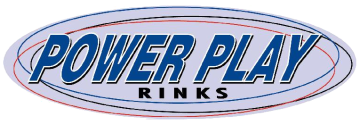 Power Play Rinks logo in an oval with bold blue text and red/blue curved lines behind it, on a light background.
