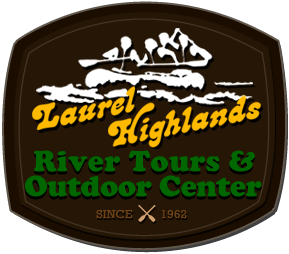 Logo badge for Laurel Highlands River Tours & Outdoor Center, showing white paddlers on a watercraft, orange 'Laurel Highlands' text, green 'River Tours & Outdoor Center' text, brown shield background, and 'Since 1962' at the bottom.