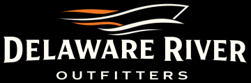 Delaware River Outfitters logo with orange wave motifs above bold cream text on a black background.